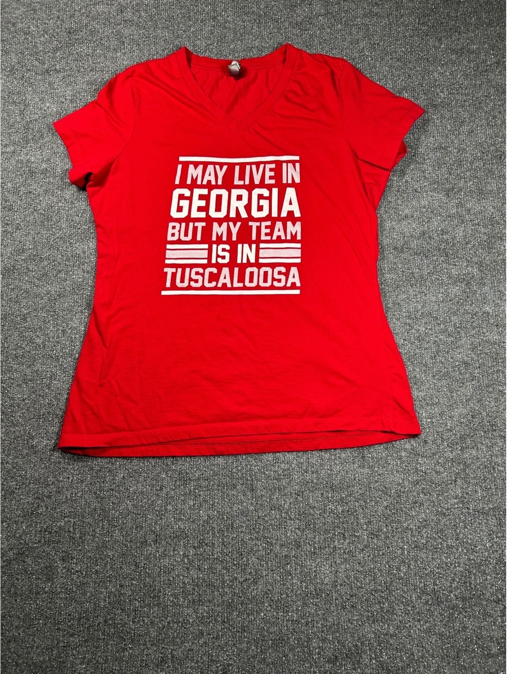 District Made Red V-Neck T-Shirt with Georgia Tuscaloosa Print, Size Large